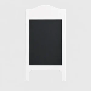 Small freestanding white chalkboard with a curved-top frame and black writing surface.