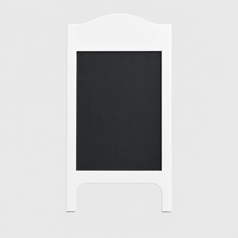 kreidetafel-a-rahmen-weiss-frontansicht-hz-mietservice - HZ Mietservice GbR Small freestanding white chalkboard with a curved-top frame and black writing surface.