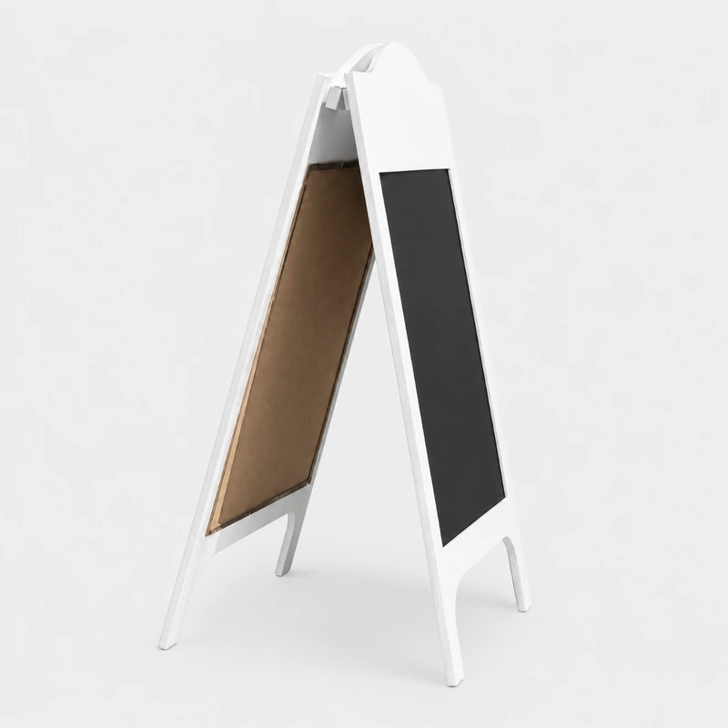 kreidetafel-a-rahmen-weiss-seitenansicht-hz-mietservice - HZ Mietservice GbR Sandwich board sign with white frame and black chalkboard on one side, brown cork board on the other, standing on a white surface
