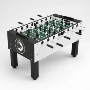 Foosball table with black and white players, green field, and handles on both sides set on a white background.