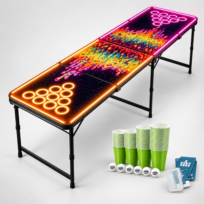 beerpong_tisch_800x800 - HZ Mietservice GbR Neon-lit beer pong table with fiery center design, surrounded by green cups and white balls for a party game.