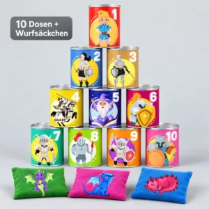 Pyramid of 10 colorful cans numbered 1–10 with knights, wizard, and dragon artwork; three decorative cushions in front (bean bags).
