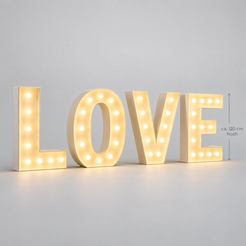 love_leuchtbuchstaben_rechts_800x800 - HZ Mietservice GbR Illuminated marquee letters spell 'LOVE' on the floor, decorative decor about 120 cm tall (approx.).