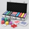 pokerkoffer_800x800 - HZ Mietservice GbR Open metal poker case with colorful stacked poker chips, two decks of cards, dice, and a DEALER button on a neutral surface.