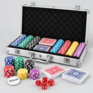 Open metal poker case with colorful stacked poker chips, two decks of cards, dice, and a DEALER button on a neutral surface.