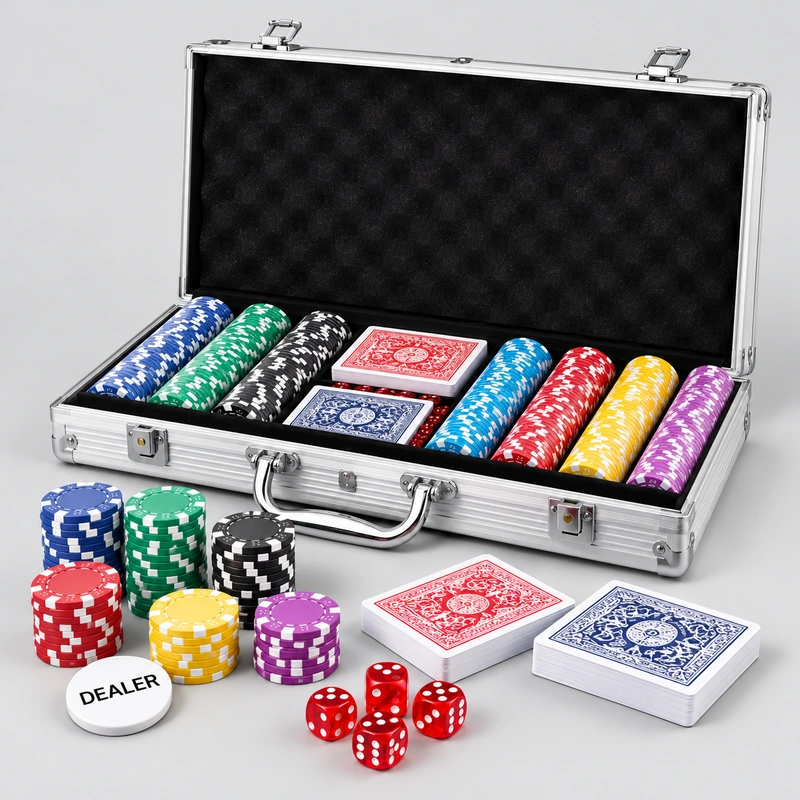 pokerkoffer_800x800 - HZ Mietservice GbR Open metal poker case with colorful stacked poker chips, two decks of cards, dice, and a DEALER button on a neutral surface.